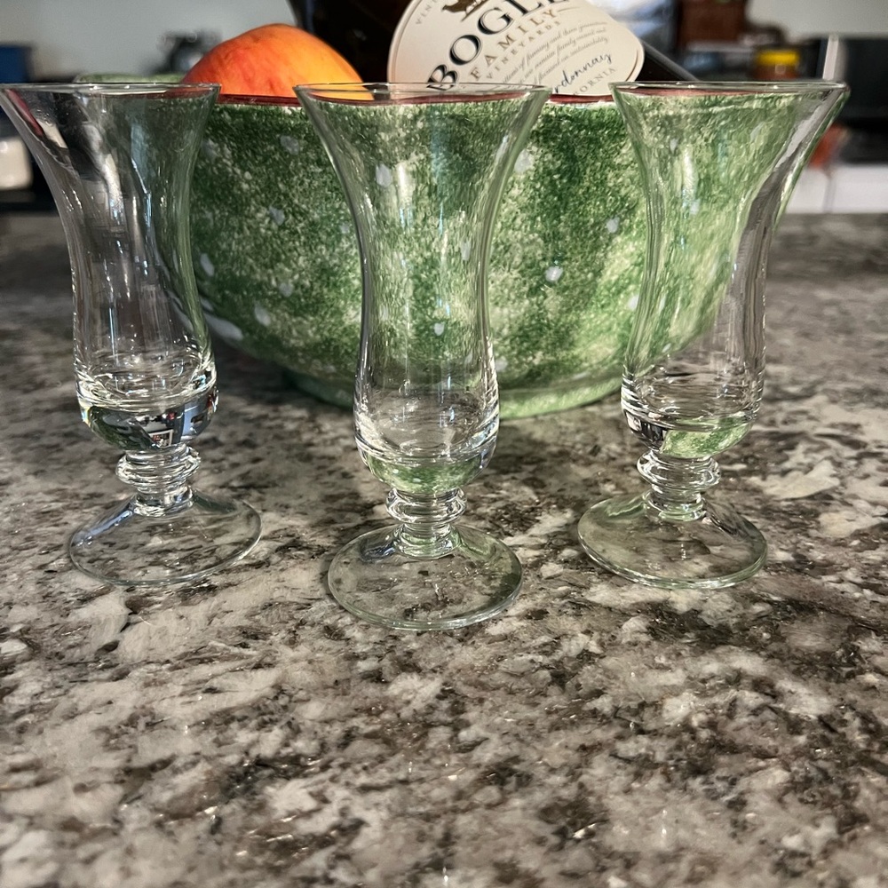 Elegant Clear Sherry Glass Set of three Hurricane shaped almost 5” tall 2” wide